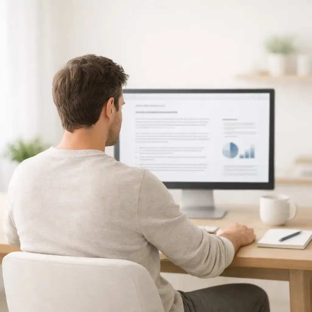 Personne consultant des informations dans un environnement calme et responsable
